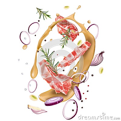 Raw beef steaks in mustard with onions, rosemary and spices. The recipe for cooking meat. V Cartoon Illustration